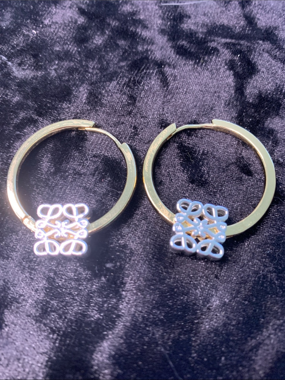 Gold Hoop Earrings with Blue Filigree Charm